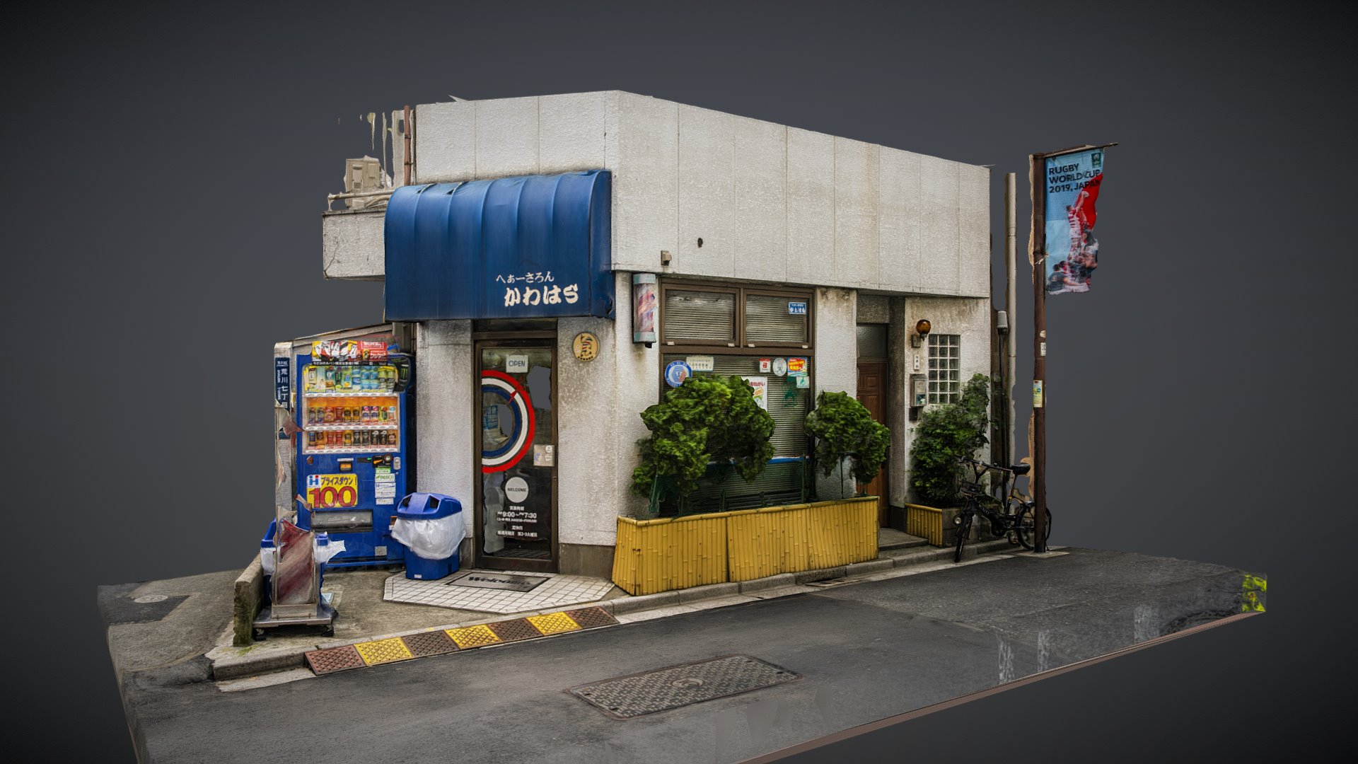 3D model Japanese barber shop raw photogrammetry scan - This is a 3D model of the Japanese barber shop raw photogrammetry scan. The 3D model is about a building with a blue sign.