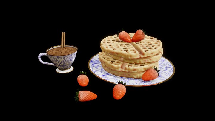 Hot chocolate and strawberry waffles 3D Model