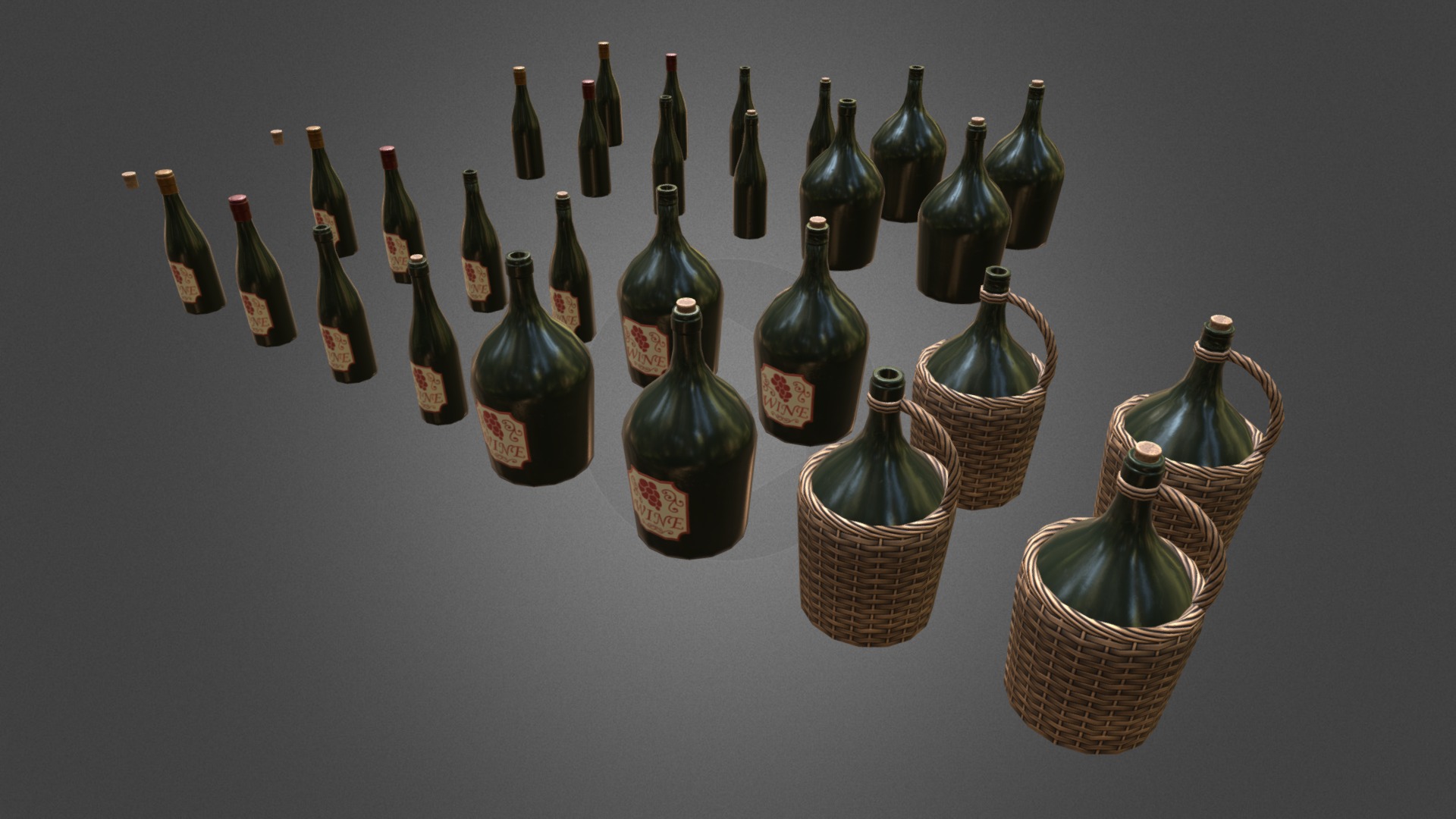 3D model Wine Bottles (GameReady + LODs) - This is a 3D model of the Wine Bottles (GameReady + LODs). The 3D model is about a group of bottles and baskets.