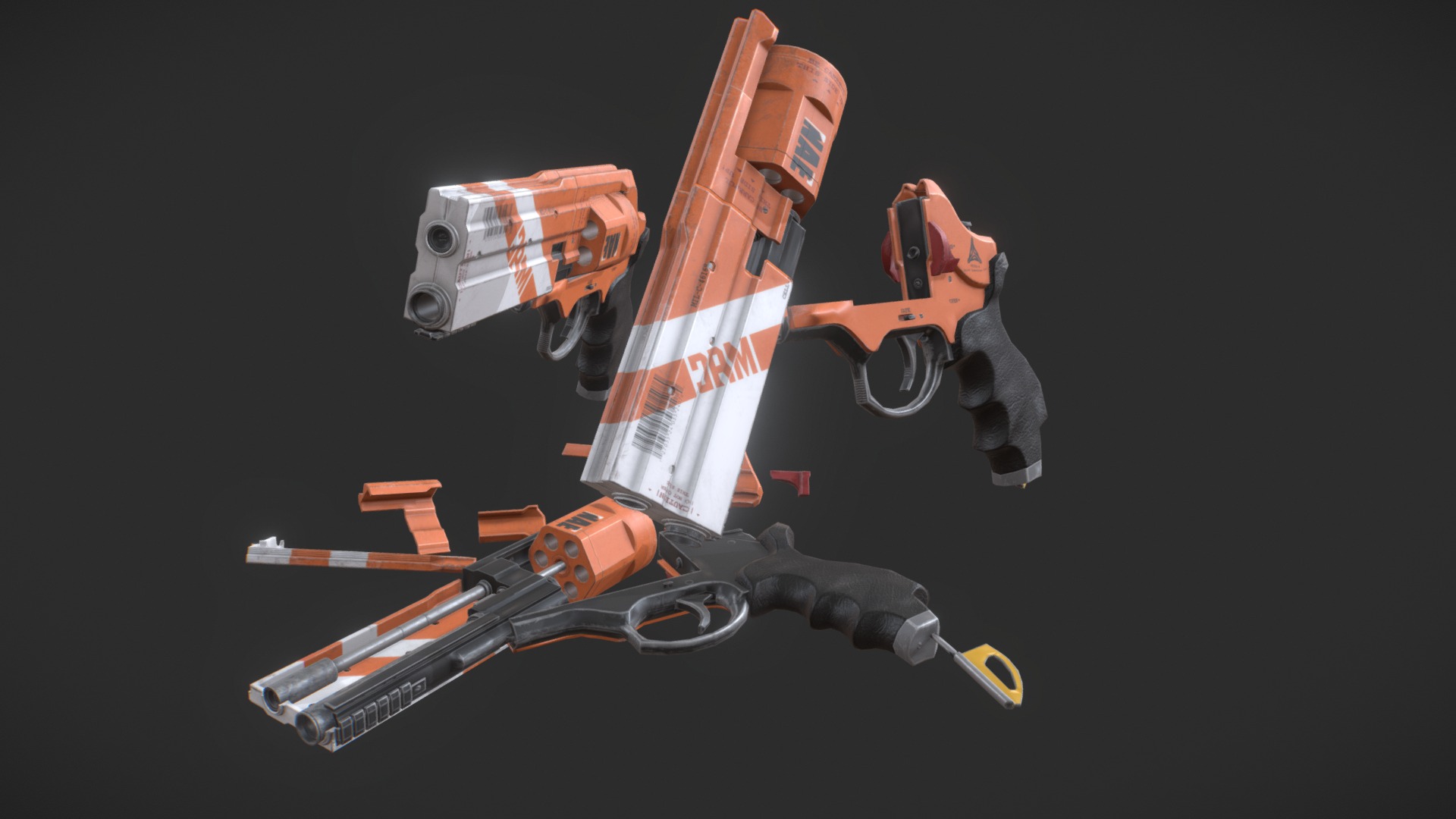 3D model Revolver Conjunto LOW DEF - This is a 3D model of the Revolver Conjunto LOW DEF. The 3D model is about a group of orange and black objects.