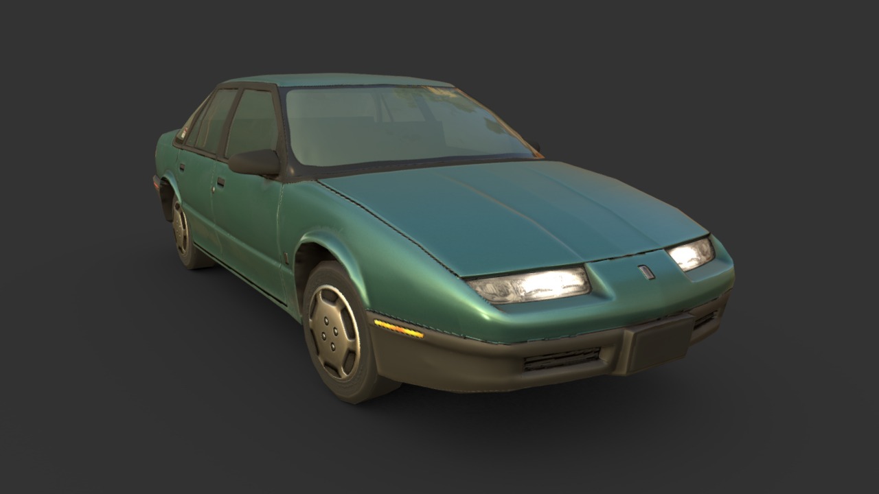 3D model Saturn SL1 - This is a 3D model of the Saturn SL1. The 3D model is about a green car with its headlights on.