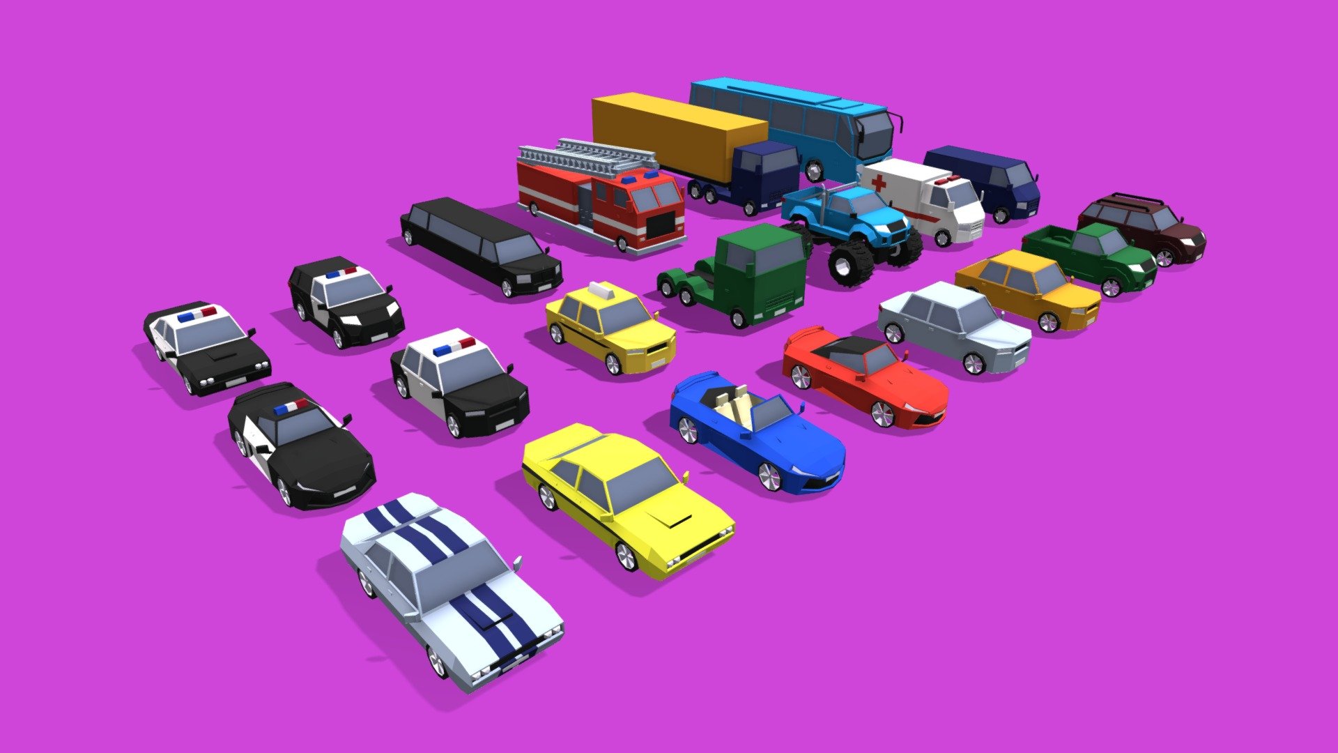 Modelos 3D de pacote de carros de desenho animado low poly para jogos grátis