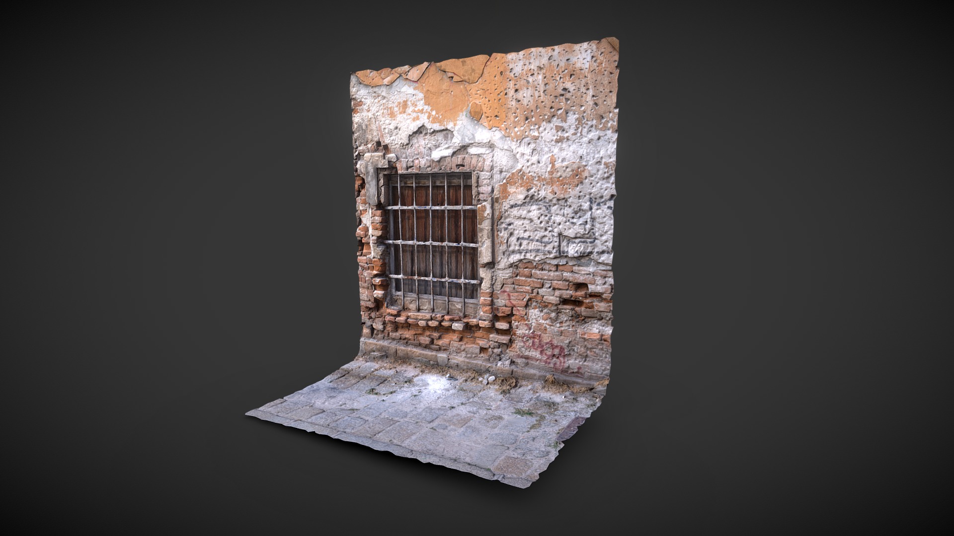 3D model Old House Window With Grating 3D Scan - This is a 3D model of the Old House Window With Grating 3D Scan. The 3D model is about a window in a stone building.
