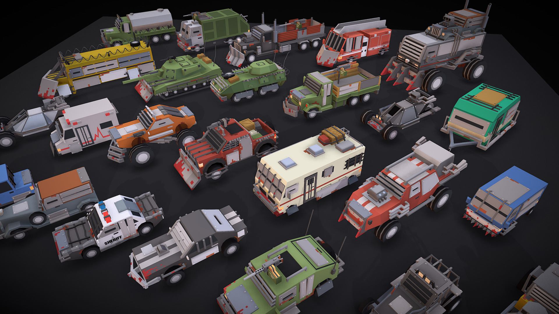 3D model Simple Apocalypse – Vehicles - This is a 3D model of the Simple Apocalypse - Vehicles. The 3D model is about a group of vehicles parked.