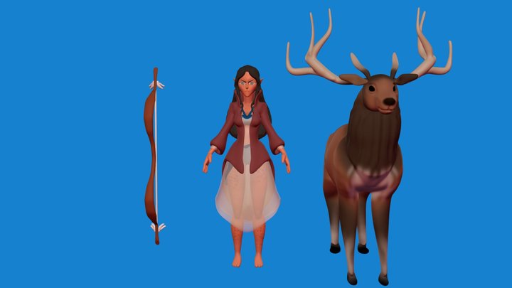 Stylized Female Elf archer and Elk 3D Model