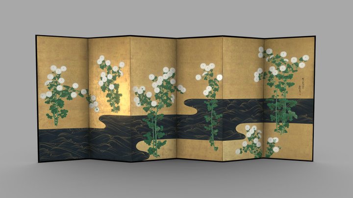 'Chrysanthemums by a Stream', byōbu 3D Model