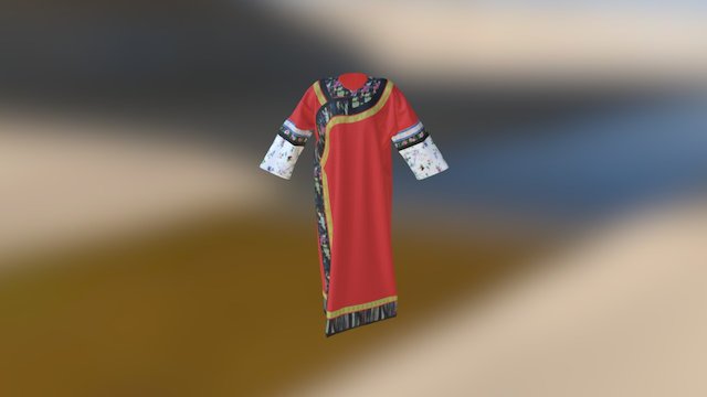 大红缎心葡萄松鼠纹大襟女夹袍 19世纪后期 3D Model