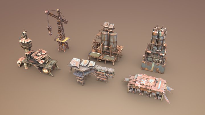 6 Post-Apocalyptic Industrial Assets Pack 2 3D Model