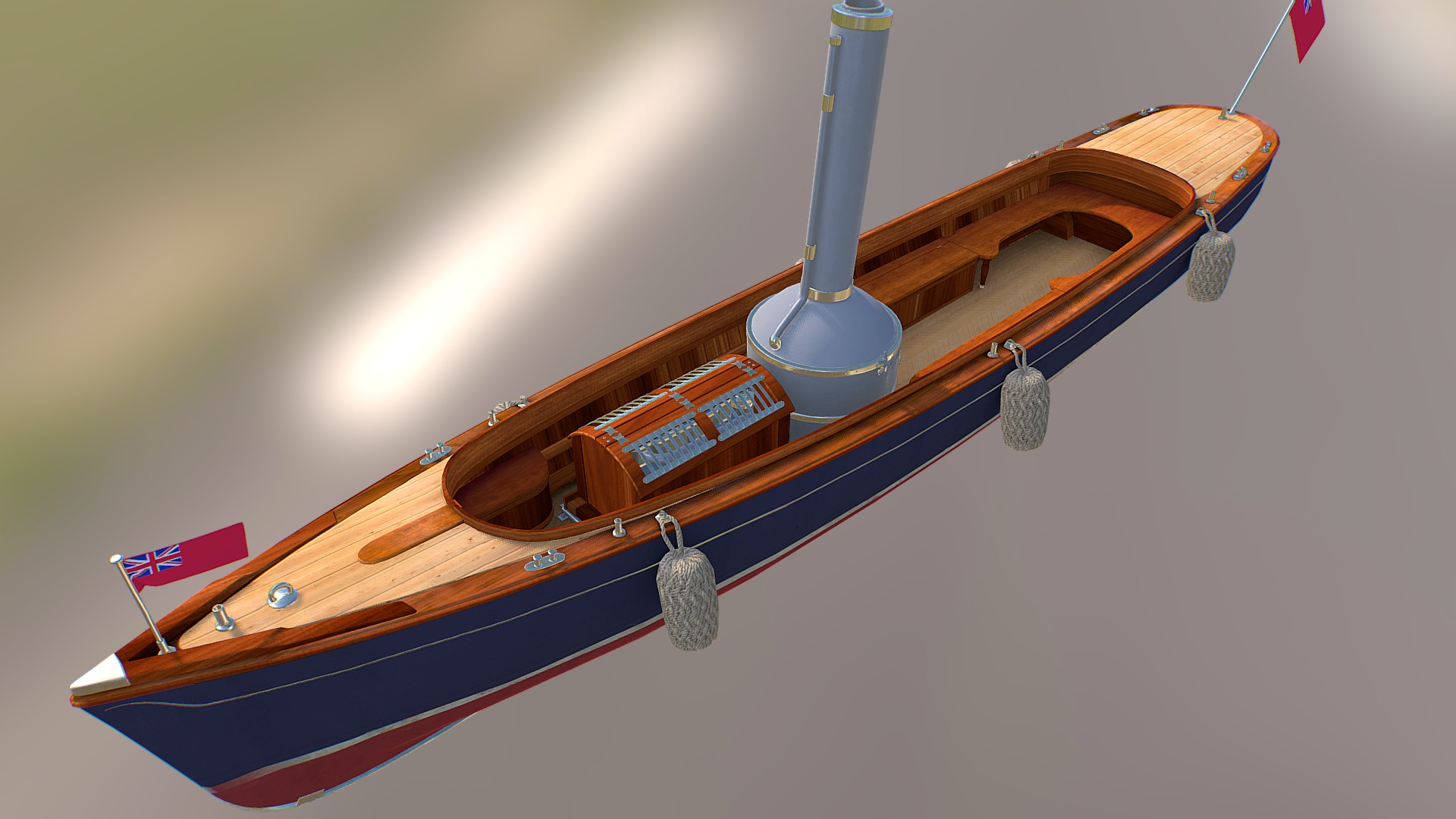 3D model Lowpoly Steam Boat - This is a 3D model of the Lowpoly Steam Boat. The 3D model is about a wooden boat with a light on top.