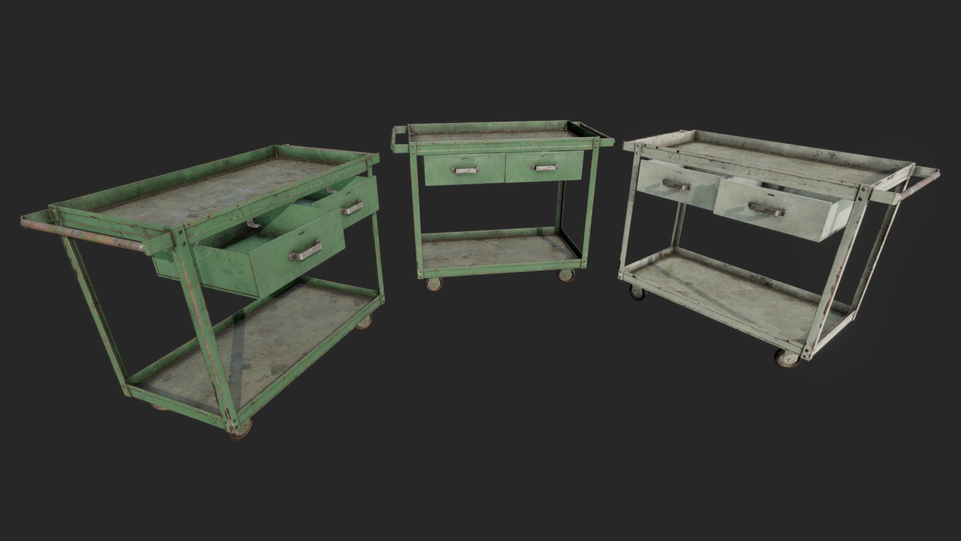 3D model Rusty Push Carts PBR - This is a 3D model of the Rusty Push Carts PBR. The 3D model is about a group of green drawers.