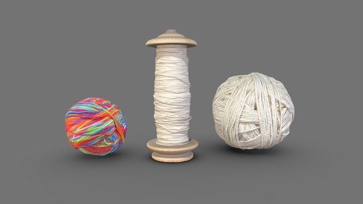 Spool of string and balls of yarn 3D Model