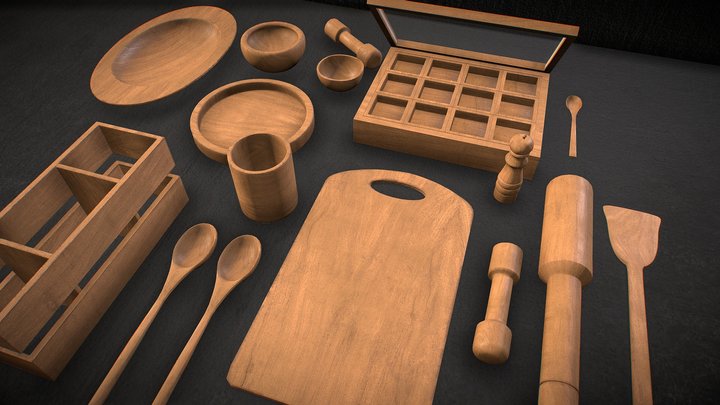 Wooden Utensils Set 1 3D Model