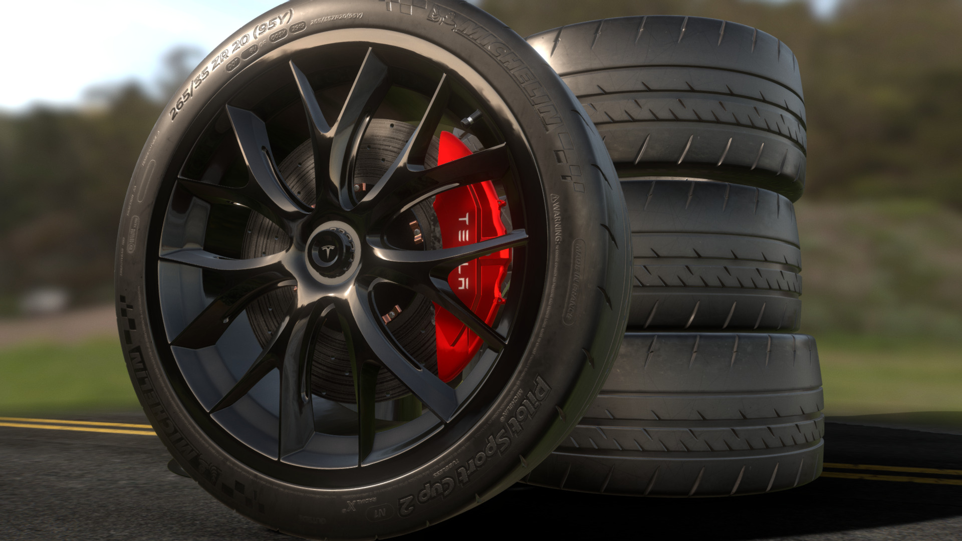 3D model Michelin Tires & Tesla Wheels - This is a 3D model of the Michelin Tires & Tesla Wheels. The 3D model is about a close up of a car tire.