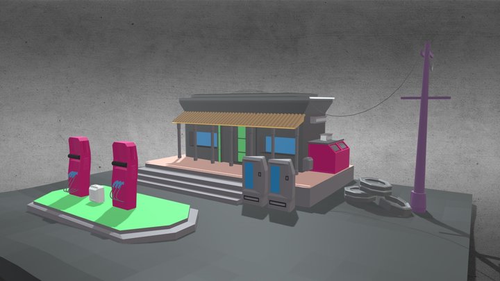 Low Poly Fuel Station 3D Model