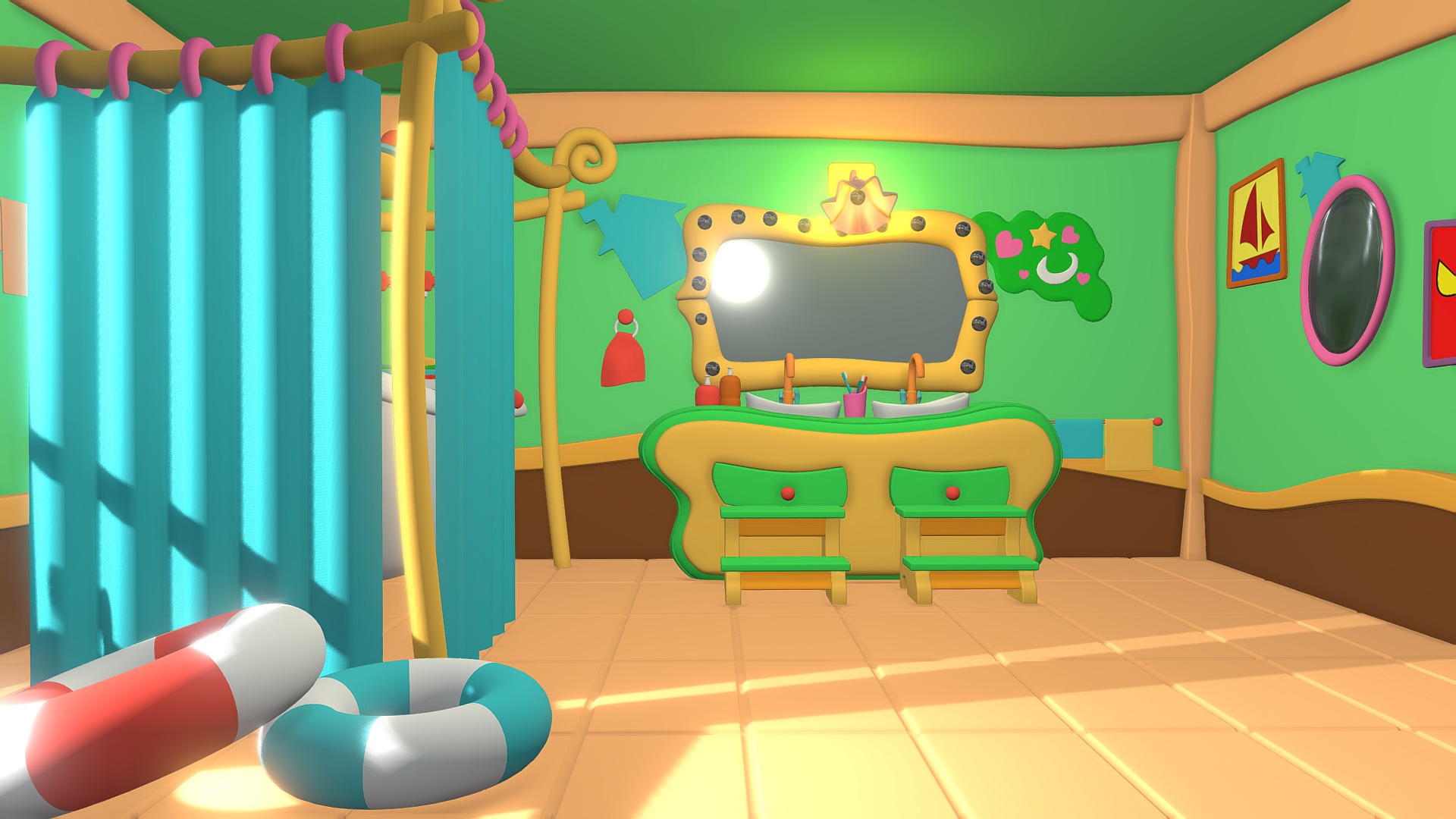 3D model Asset – Cartoons – Bathroom 3D - This is a 3D model of the Asset - Cartoons - Bathroom 3D. The 3D model is about a room with colorful chairs.
