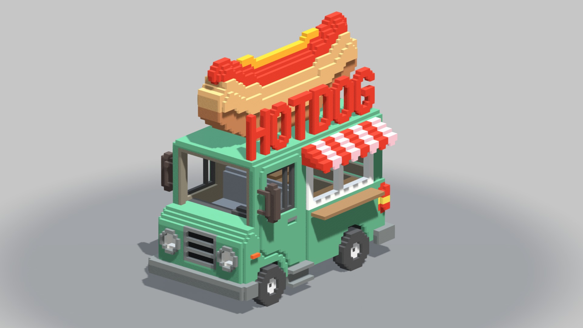 3D model Voxel Hotdog Van - This is a 3D model of the Voxel Hotdog Van. The 3D model is about a toy truck with a flag.