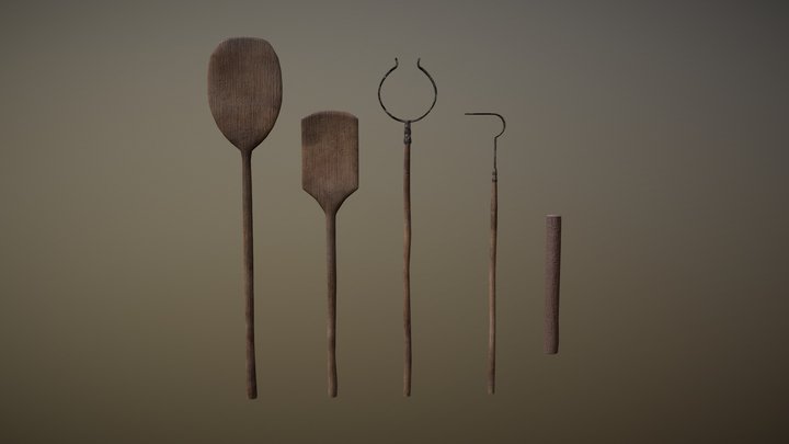 Old Wooden Oven Tools 3D Model