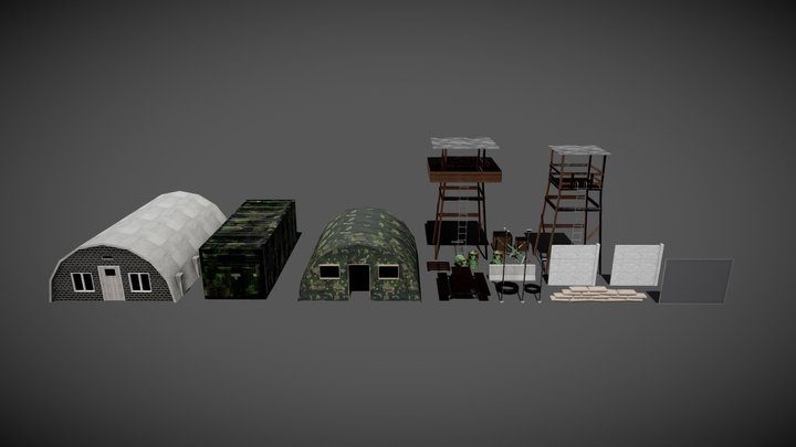 modular militry base low poly game ready 3D Model