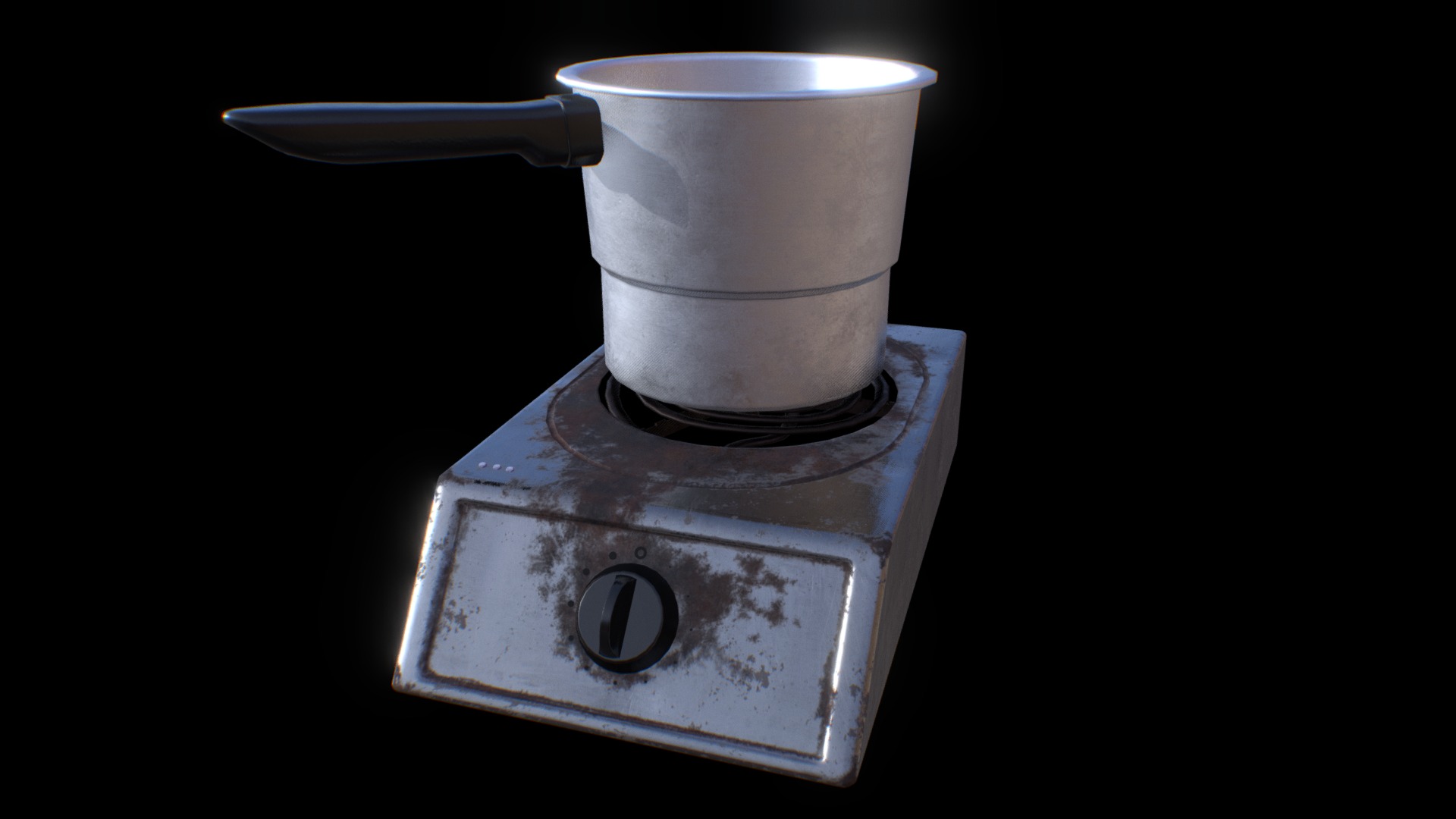 3D model Rusty PBR Pot & Stove - This is a 3D model of the Rusty PBR Pot & Stove. The 3D model is about a metal cylinder with a metal tube.