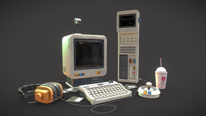 Low poly Retro style Old PC Scene GAME READY 3D Model