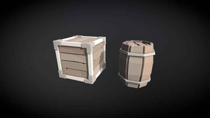 Low Poly - Box And Barrel 3D Model