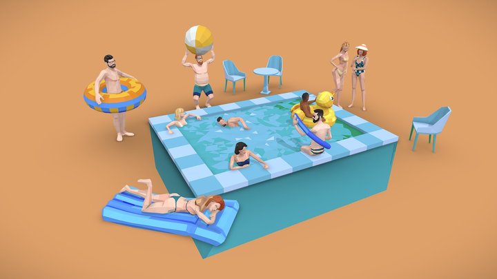Chilling at the Pool Static 3D Low-Poly Set 3D Model
