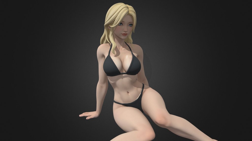 Blonde Woman Black Bikini Blue Eyes