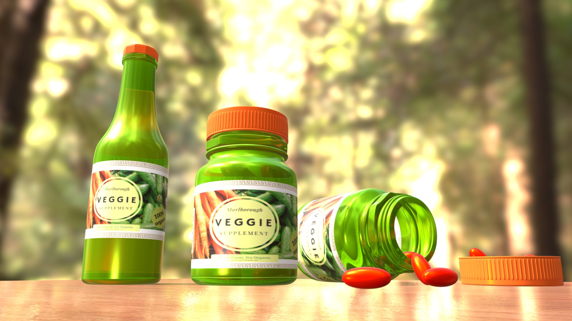 3D model Vitamin supplement pills and bottles composition - This is a 3D model of the Vitamin supplement pills and bottles composition. The 3D model is about a group of bottles on a table.