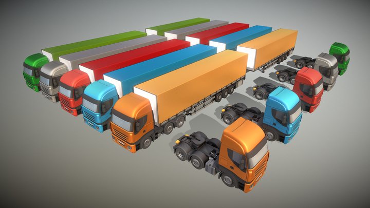3-AXIS Truck with Semitrailer (Low-Poly) 3D Model