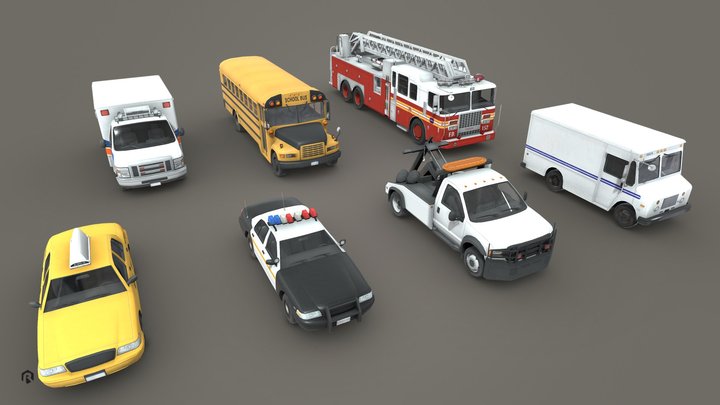 7 Low-Poly Service Cars Collection 3D Model