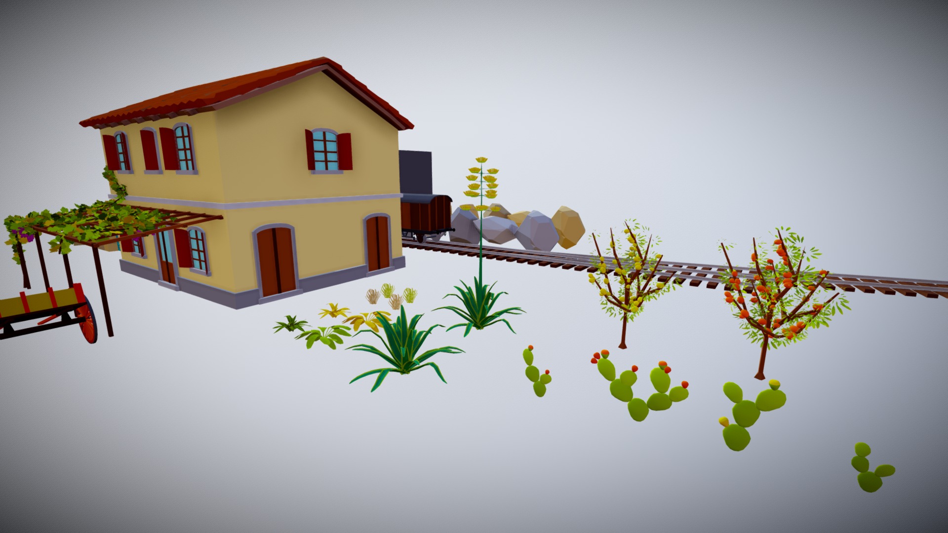 3D model Mediterranean Railroad House low poly Assets - This is a 3D model of the Mediterranean Railroad House low poly Assets. The 3D model is about a cartoon of a house.