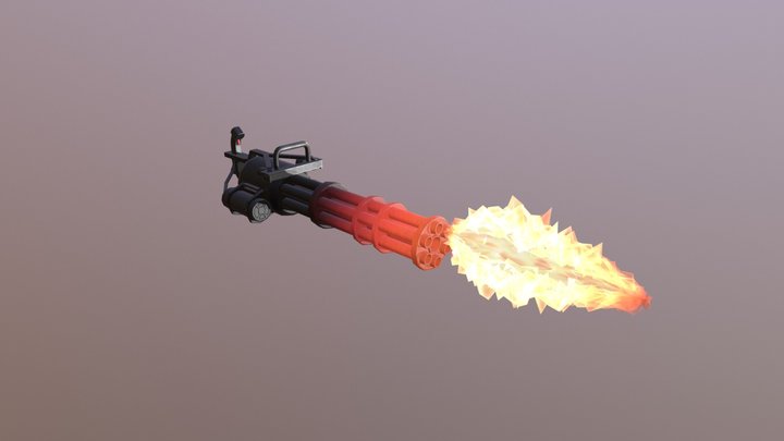 Low-poly minigun for games + Fire 3D Model