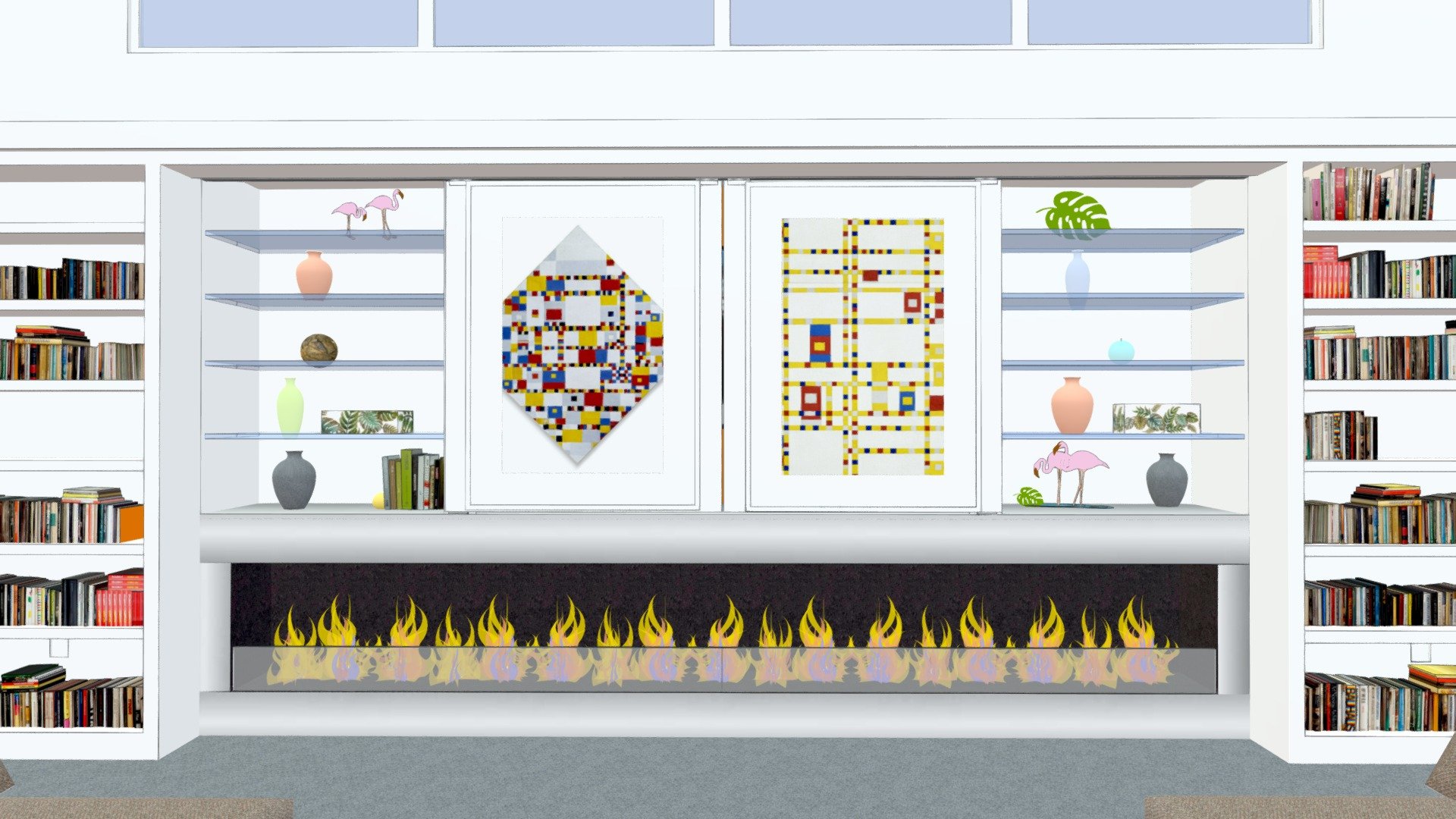 Modern fireplace with sliding doors - Shelf v2