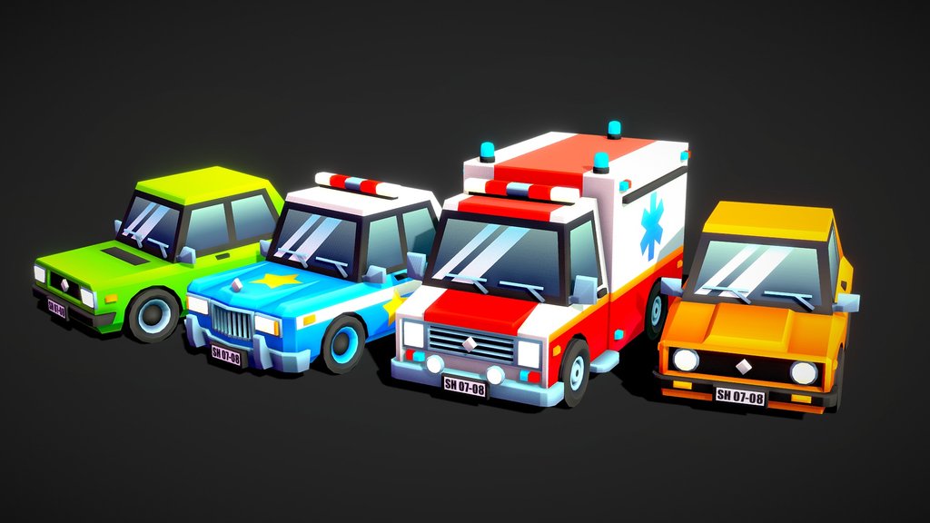 4 Low Poly Toon City Cars