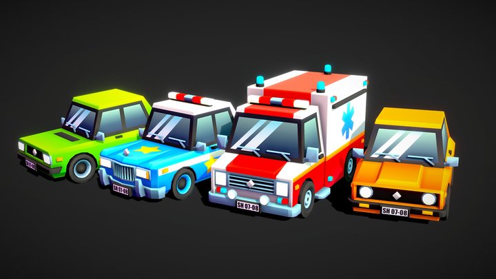 4 Low Poly Toon City Cars 3D Model