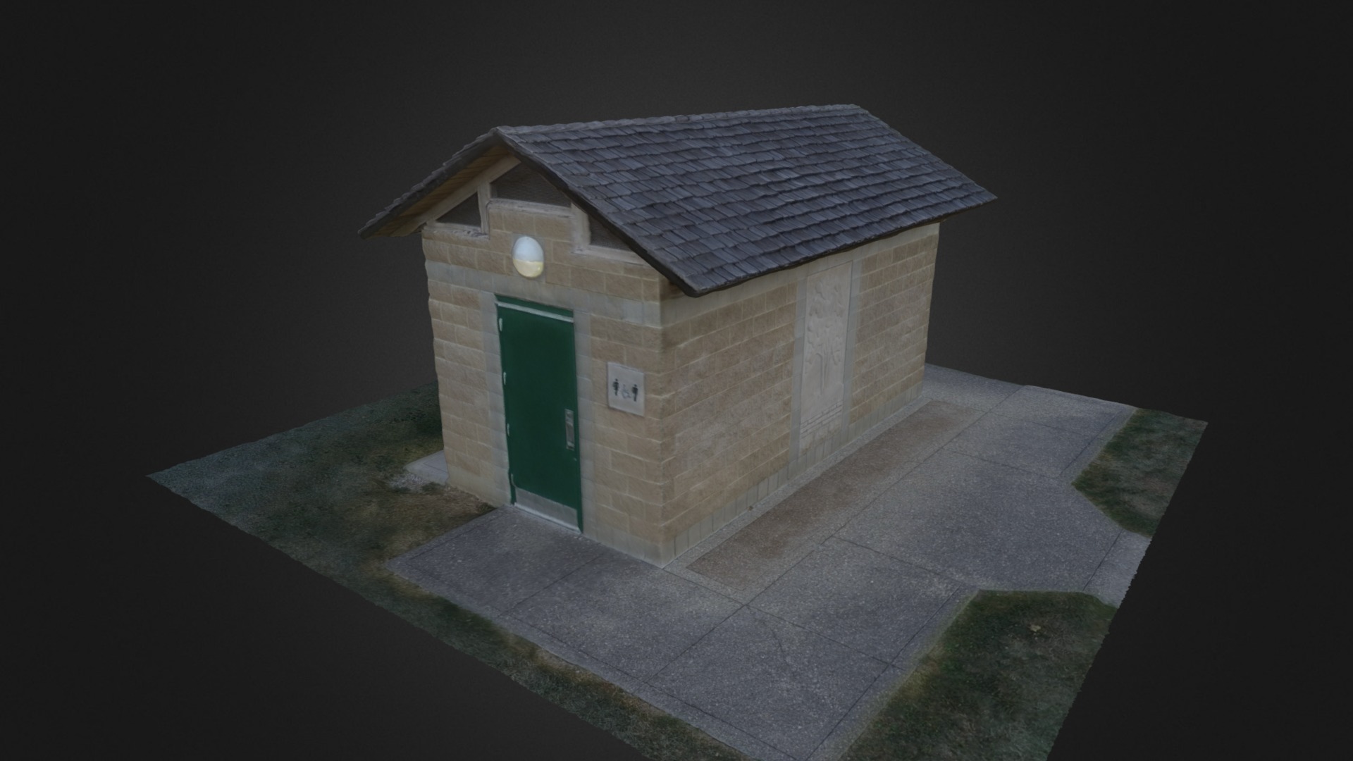 3D model Bathroom house at RCA park - This is a 3D model of the Bathroom house at RCA park. The 3D model is about a small building with a green door.