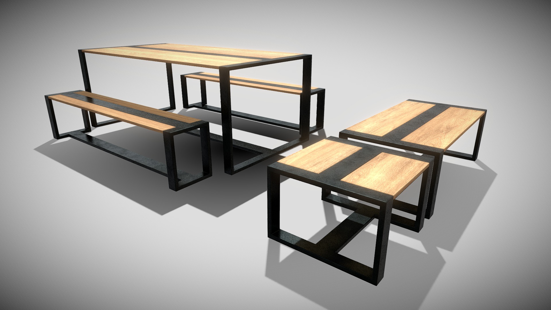 3D model Tables & Bench (Blend File, OBJ, DAE) - This is a 3D model of the Tables & Bench (Blend File, OBJ, DAE). The 3D model is about a couple of wooden tables.