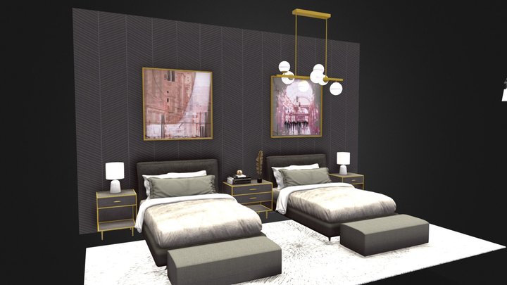Master bedroom with headboard 2 beds 3D Model