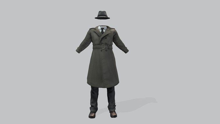 Male Inspector Trench Coat Pants Shoes Hat 3D Model