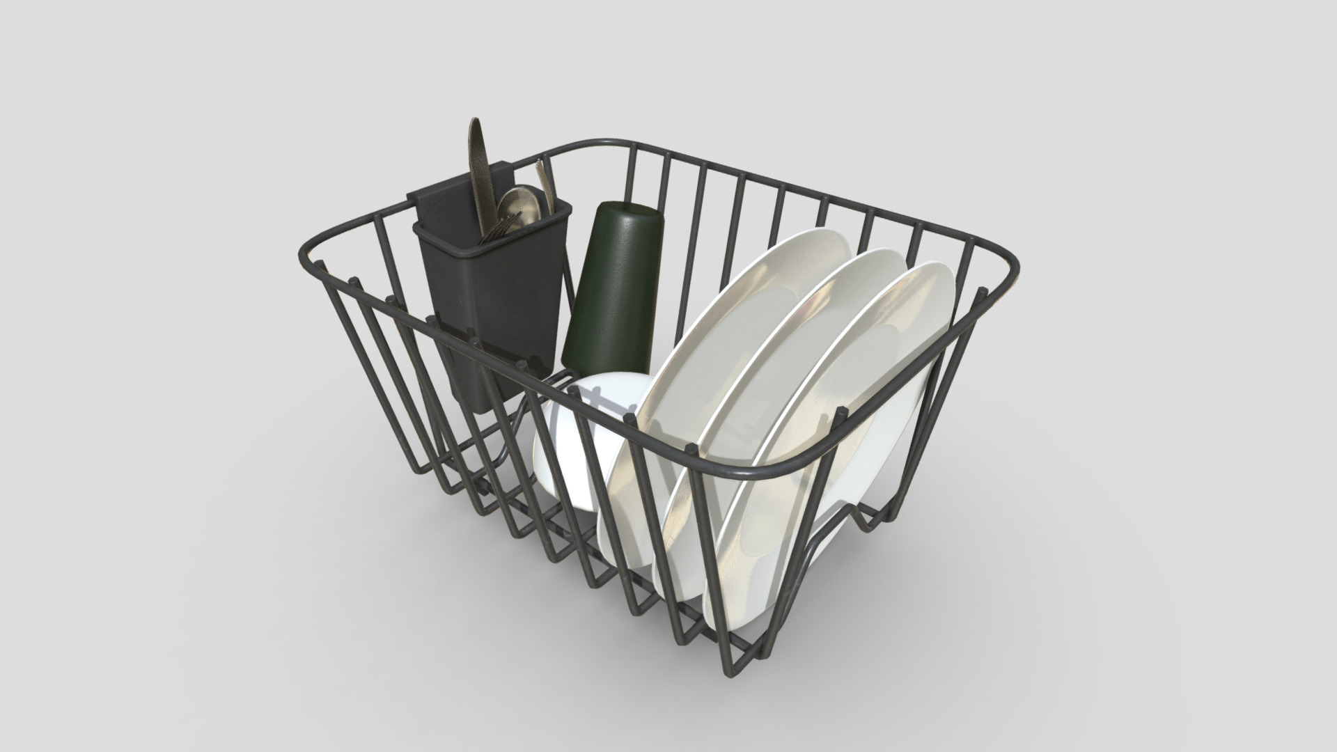 3D model Dish Rack with Dishes - This is a 3D model of the Dish Rack with Dishes. The 3D model is about a metal shopping cart.