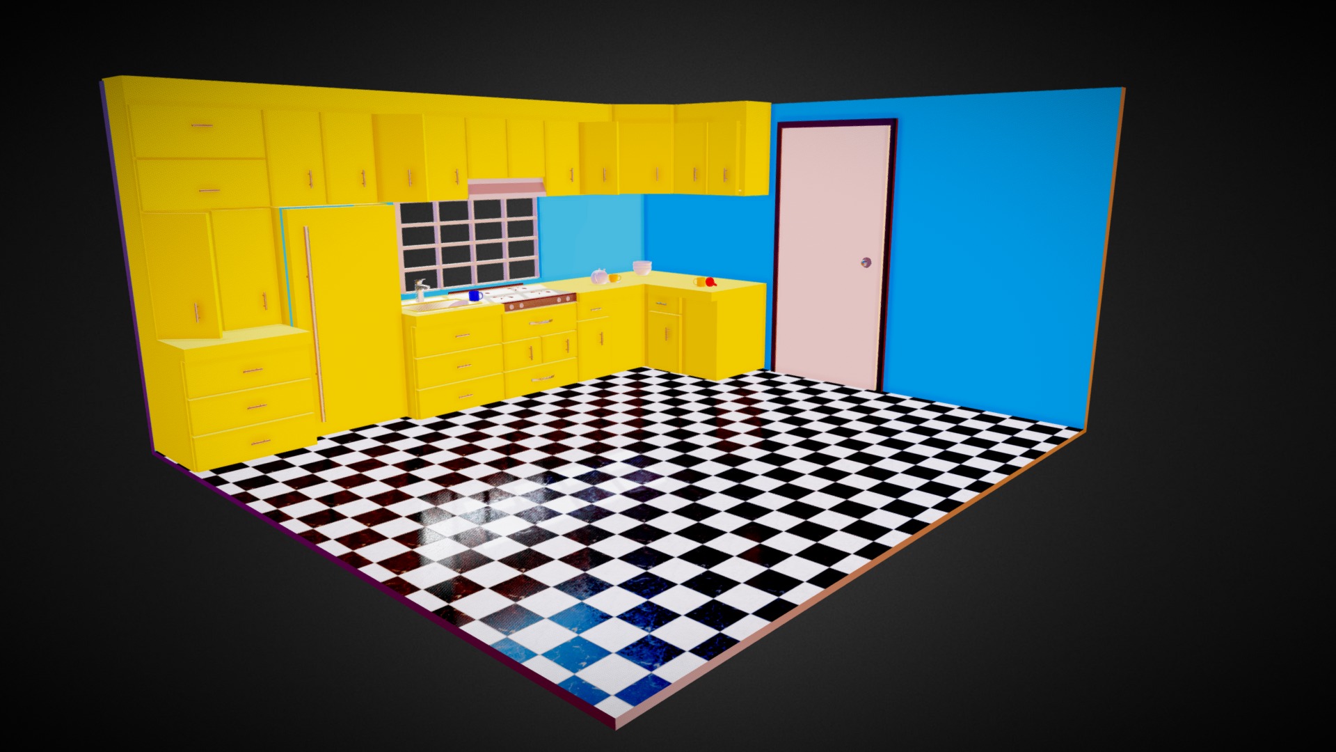 3D model Mid-Poly Isometric Kitchen Room - This is a 3D model of the Mid-Poly Isometric Kitchen Room. The 3D model is about a yellow and blue toy house.