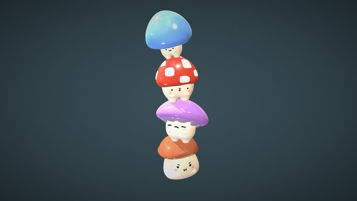 Cute Mushrooms Character 3D Model