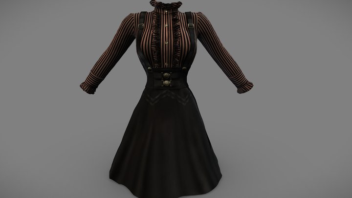 Steampunk Dress With Frill Blouse And Suspenders 3D Model