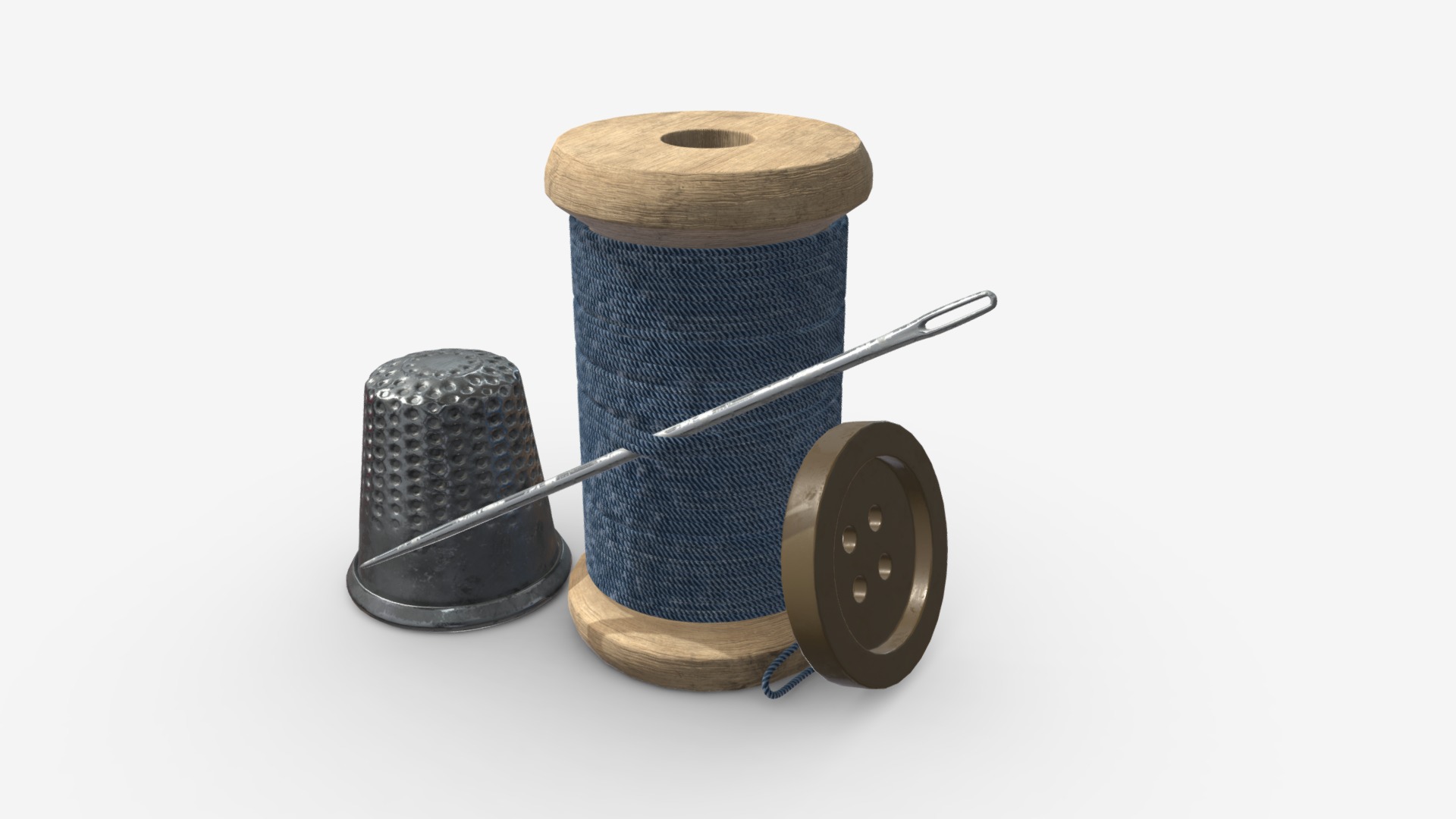 3D model Spool of thread with needle and thimble - This is a 3D model of the Spool of thread with needle and thimble. The 3D model is about a close-up of some weights.