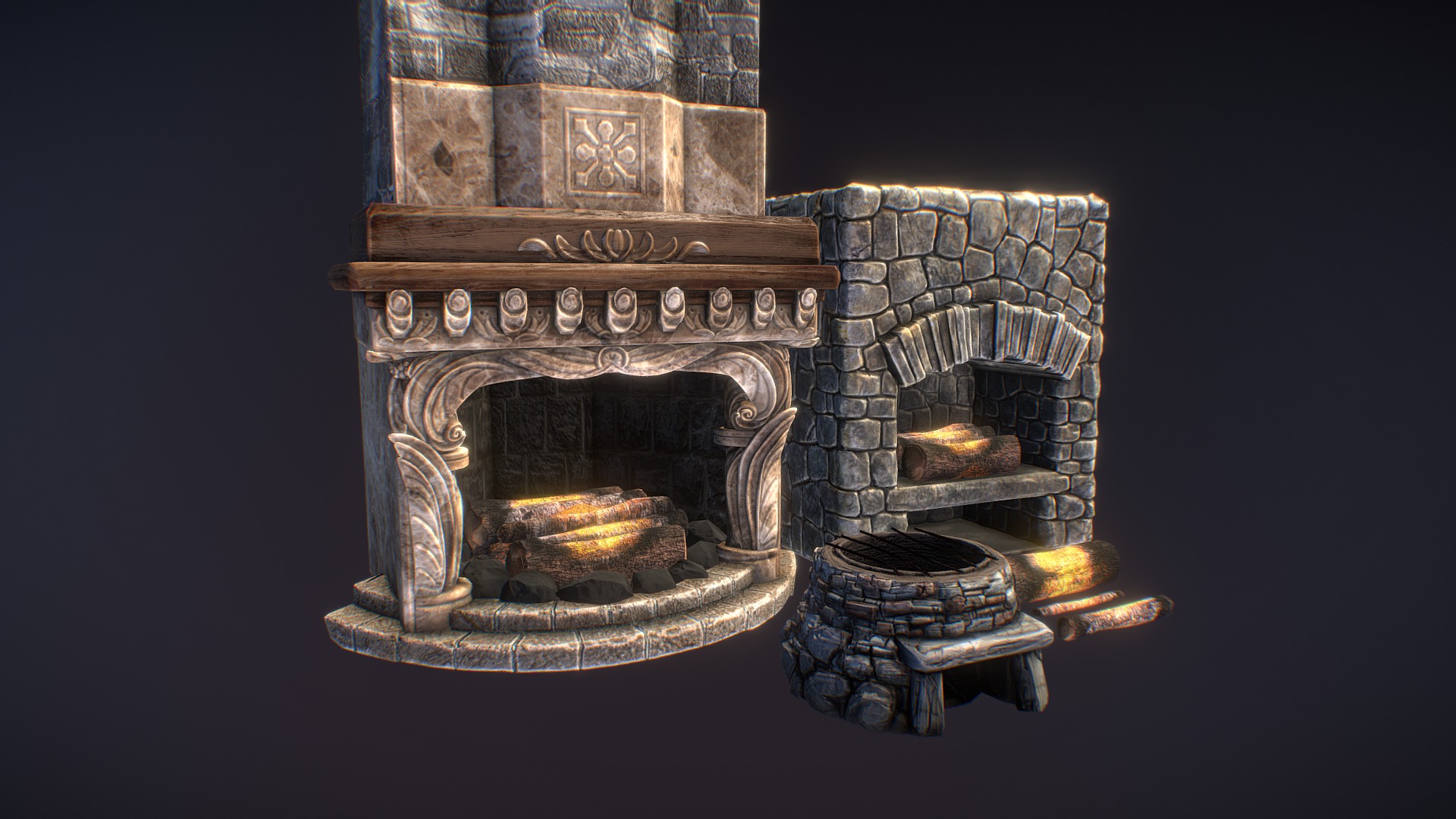 3D model Fireplace and Hearths - This is a 3D model of the Fireplace and Hearths. The 3D model is about a couple of fireplaces with a stone wall and a stone fireplace.
