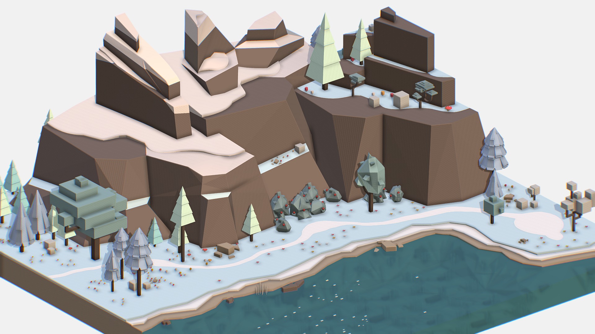 3D model Isometric style lake winter mountain landscape - This is a 3D model of the Isometric style lake winter mountain landscape. The 3D model is about a toy house made of building blocks.