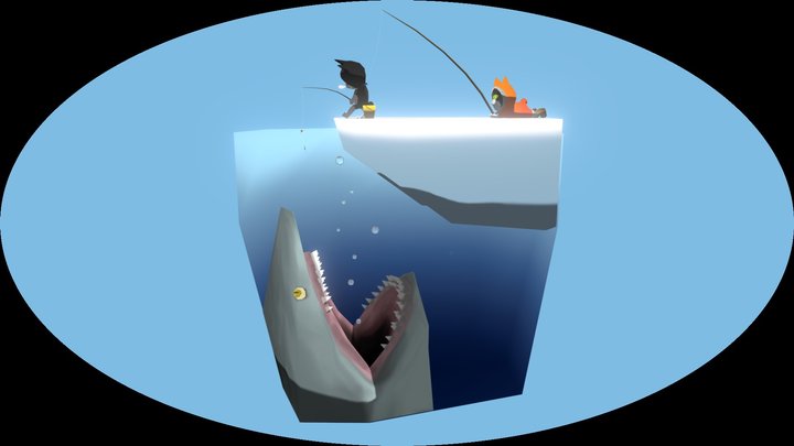 Cat fishing with a stuffed cat to catch a shark 3D Model