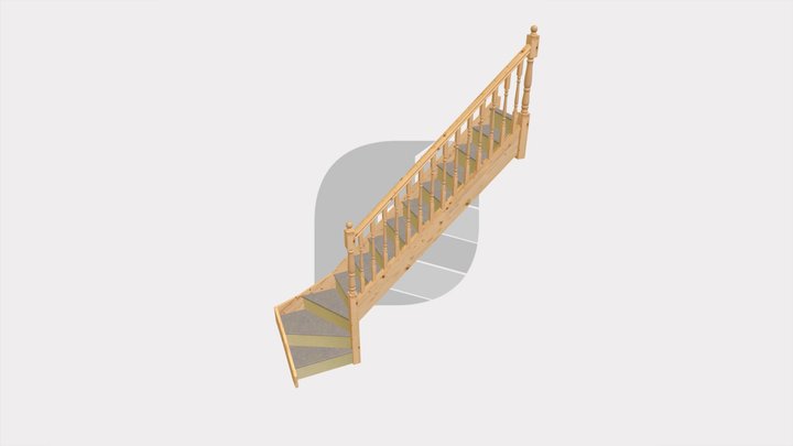 Pine 3 kite staircase with turned balustrades 3D Model