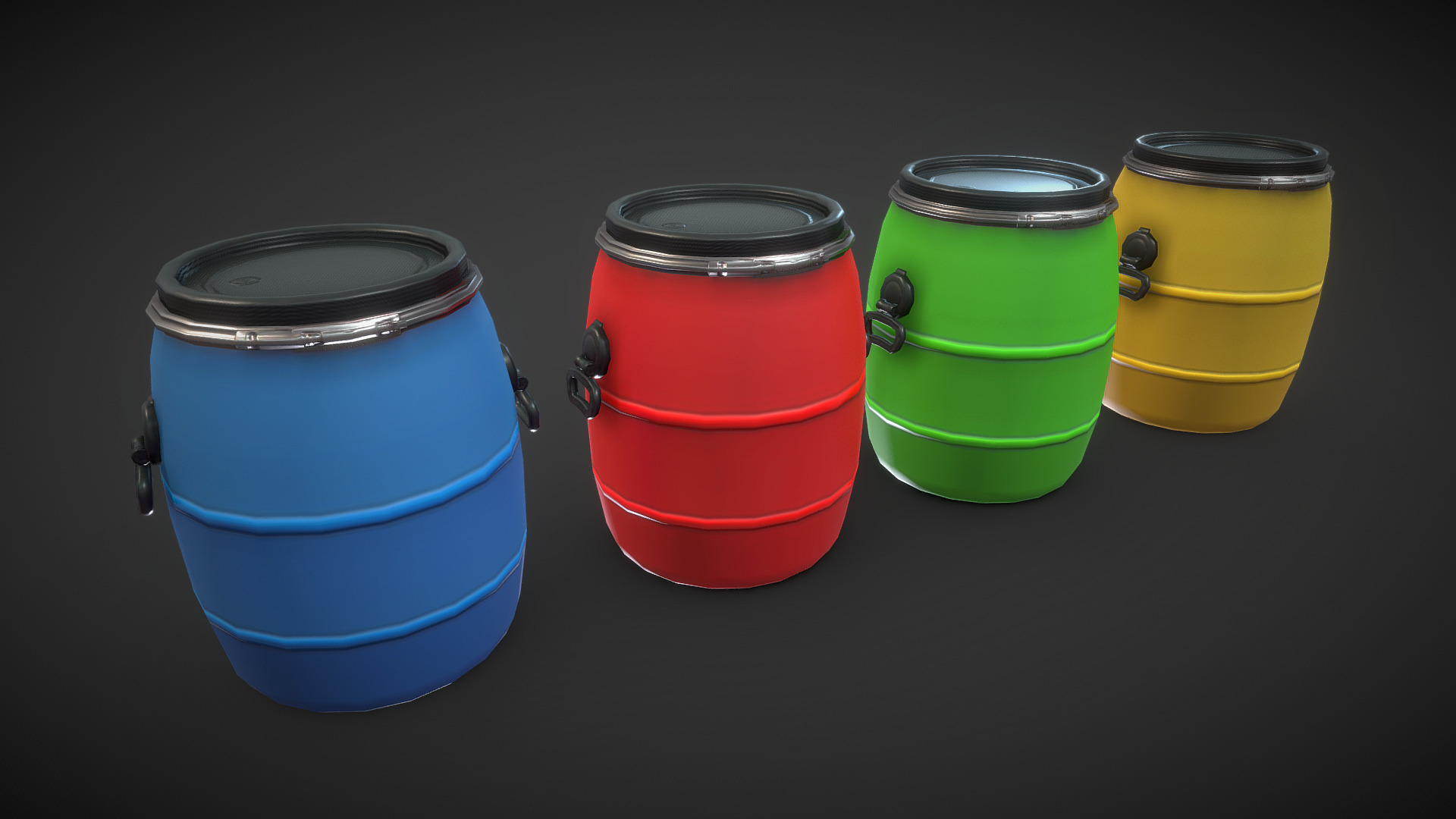 3D model Plastic Barrel Game-ready - This is a 3D model of the Plastic Barrel Game-ready. The 3D model is about a group of colorful drums.