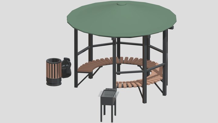Gazebo with Barbecue and Trash Can 3D Model